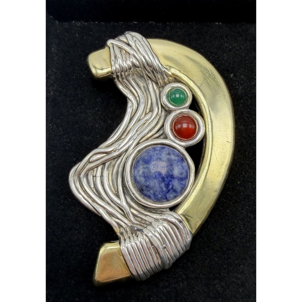 3.5" BAT-AMI Israel Sterling Silver Brooch Modernist Statement 925 Cabochon Huge